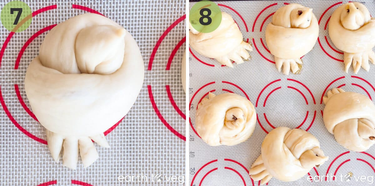 The zhavoronki rolls are shaped on a pastry mat.