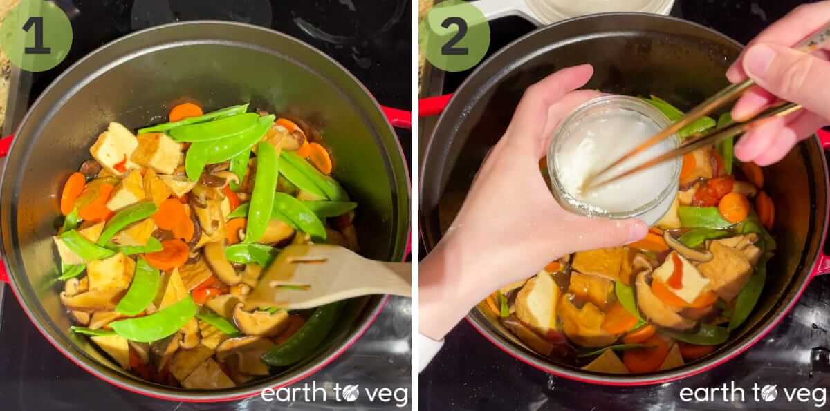 Making one-pot hongshao doufu in a Dutch oven.