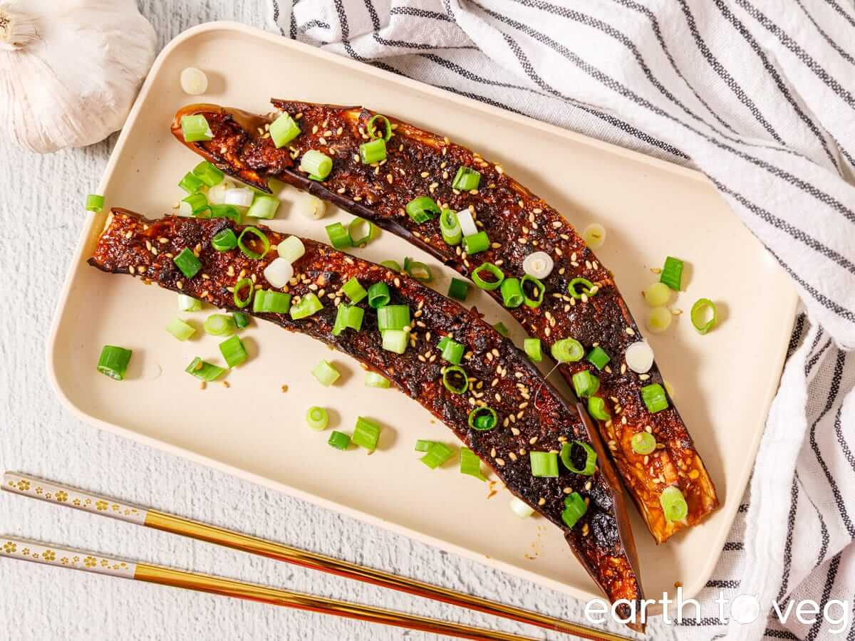Nasu dengaku (sesame Japanese eggplants) over a bed of rice.